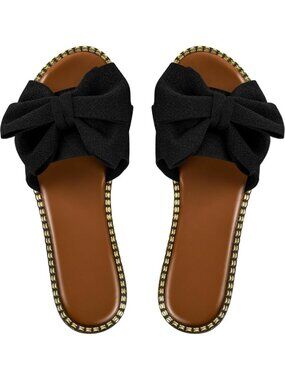 Women's Black Bow Knot Slides Open Toe Flat Sandals Slip On Beach Shoes